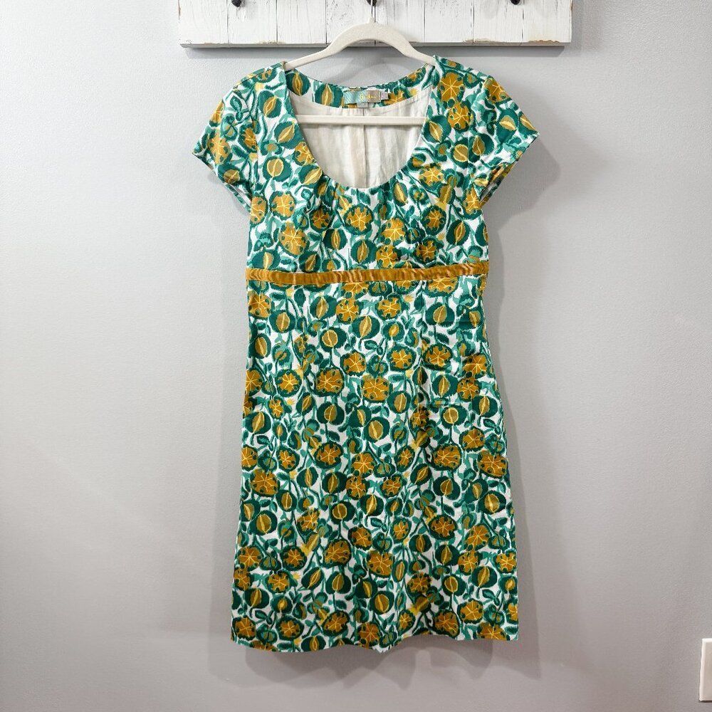 Boden Sheath Dress Green Floral Gold Detail Size 8R